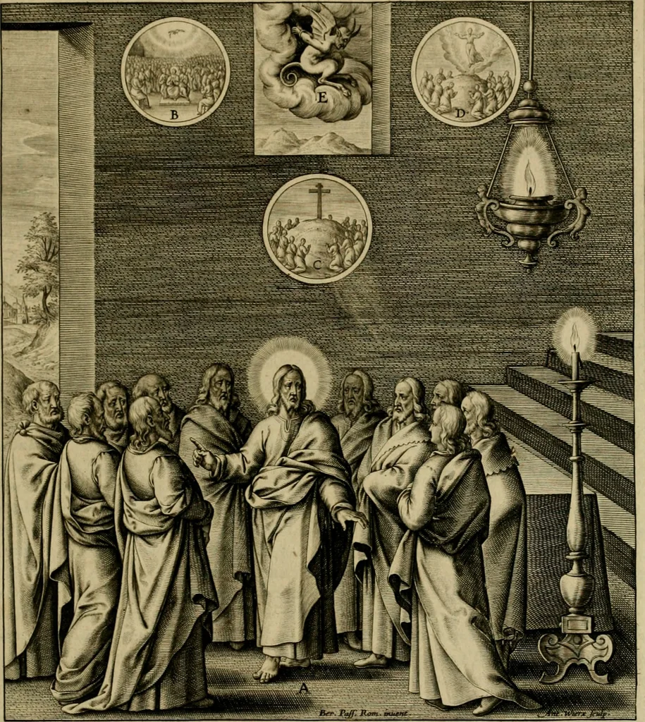 An illustration from Adnotationes et meditationes in Evangelia qvae in sacrosancto Missae sacrificio toto anno legvntur : cum Evangeliorvm concordantia historiae integritati sufficienti : accessit & index historiam ipsam euangelicam in ordinem temporis vitae Christi distribuens, 1595, leaf 704