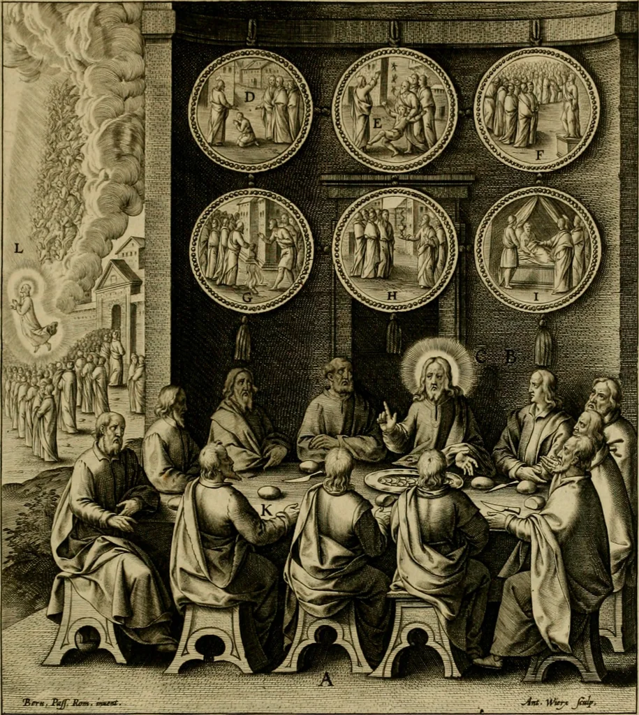 An illustration from Adnotationes et meditationes in Evangelia qvae in sacrosancto Missae sacrificio toto anno legvntur : cum Evangeliorvm concordantia historiae integritati sufficienti : accessit & index historiam ipsam euangelicam in ordinem temporis vitae Christi distribuens, 1595, leaf 714