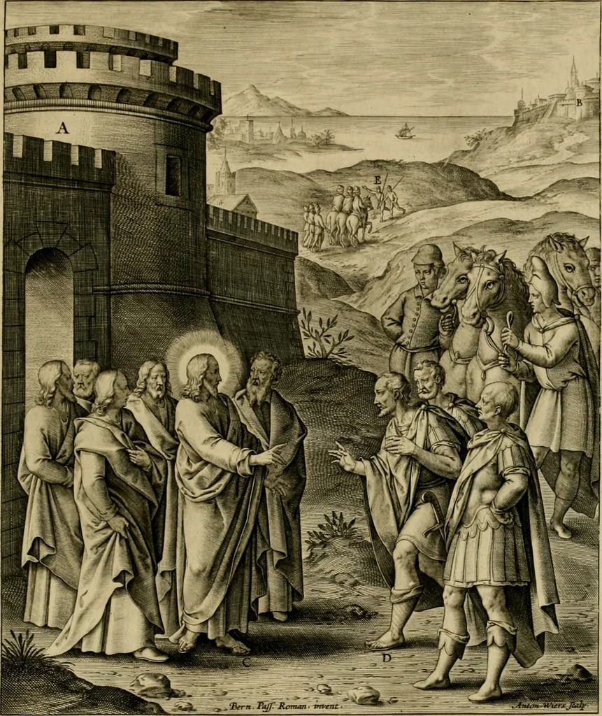 An illustration from Adnotationes et meditationes in Evangelia qvae in sacrosancto Missae sacrificio toto anno legvntur : cum Evangeliorvm concordantia historiae integritati sufficienti : accessit & index historiam ipsam euangelicam in ordinem temporis vitae Christi distribuens, 1595, leaf 822
