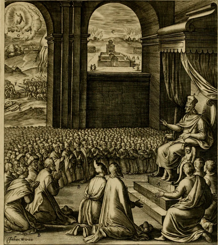 An illustration from Adnotationes et meditationes in Evangelia qvae in sacrosancto Missae sacrificio toto anno legvntur : cum Evangeliorvm concordantia historiae integritati sufficienti : accessit & index historiam ipsam euangelicam in ordinem temporis vitae Christi distribuens, 1595, leaf 846