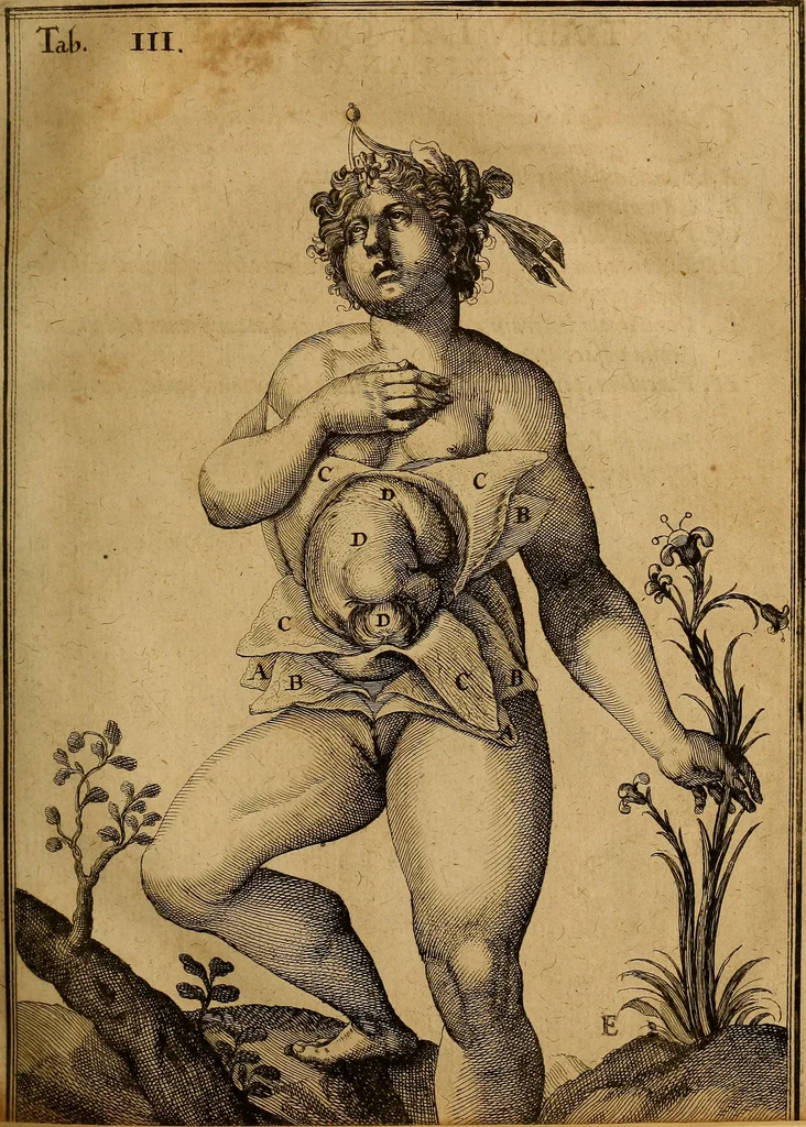 An illustration from Adriani Spigelii Brvxellensis Eqvitis D. Marci ... De formato foetv : liber singularis Æneis figvris exornatvs, epistolæ dvæ anatomicæ, tractatvs de arthritide : opera posthvma studio Liberalis Cremae tarvisini philosoph. & medicinæ doctoris edita, 1631, leaf 56