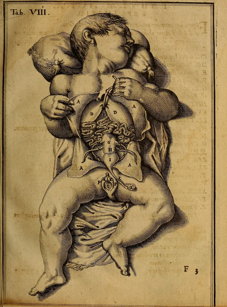 An illustration from Adriani Spigelii Brvxellensis Eqvitis D. Marci ... De formato foetv : liber singularis Æneis figvris exornatvs, epistolæ dvæ anatomicæ, tractatvs de arthritide : opera posthvma studio Liberalis Cremae tarvisini philosoph. & medicinæ doctoris edita, 1631, leaf 68