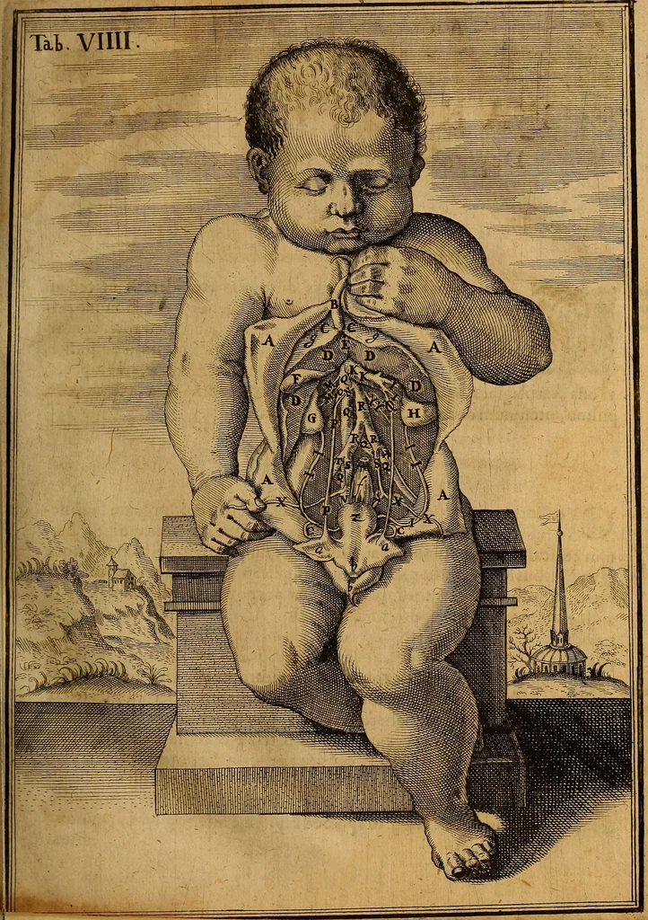 An illustration from Adriani Spigelii Brvxellensis Eqvitis D. Marci ... De formato foetv : liber singularis Æneis figvris exornatvs, epistolæ dvæ anatomicæ, tractatvs de arthritide : opera posthvma studio Liberalis Cremae tarvisini philosoph. & medicinæ doctoris edita, 1631, leaf 70
