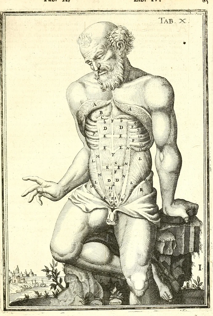 An illustration from Adriani Spigelii ... De humani corporis fabrica libri decem, tabulis XCIIX aeri incisis elegantissimis, nec antehac visis exornati. Serenissimo Ioanni Cornelio Venetiarum duci dicati : opus posthumum : Daniel Bucretius Vratislaviensis Philos. & Medic. D, 1632, leaf 494