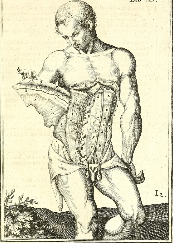 An illustration from Adriani Spigelii ... De humani corporis fabrica libri decem, tabulis XCIIX aeri incisis elegantissimis, nec antehac visis exornati. Serenissimo Ioanni Cornelio Venetiarum duci dicati : opus posthumum : Daniel Bucretius Vratislaviensis Philos. & Medic. D, 1632, leaf 496