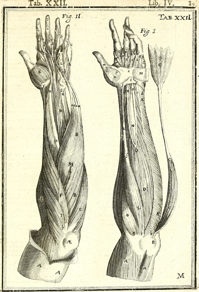 An illustration from Adriani Spigelii ... De humani corporis fabrica libri decem, tabulis XCIIX aeri incisis elegantissimis, nec antehac visis exornati. Serenissimo Ioanni Cornelio Venetiarum duci dicati : opus posthumum : Daniel Bucretius Vratislaviensis Philos. & Medic. D, 1632, leaf 518