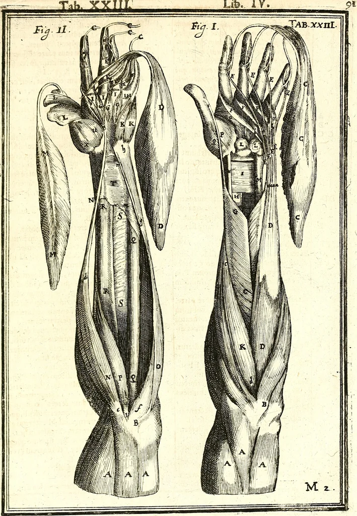 An illustration from Adriani Spigelii ... De humani corporis fabrica libri decem, tabulis XCIIX aeri incisis elegantissimis, nec antehac visis exornati. Serenissimo Ioanni Cornelio Venetiarum duci dicati : opus posthumum : Daniel Bucretius Vratislaviensis Philos. & Medic. D, 1632, leaf 520