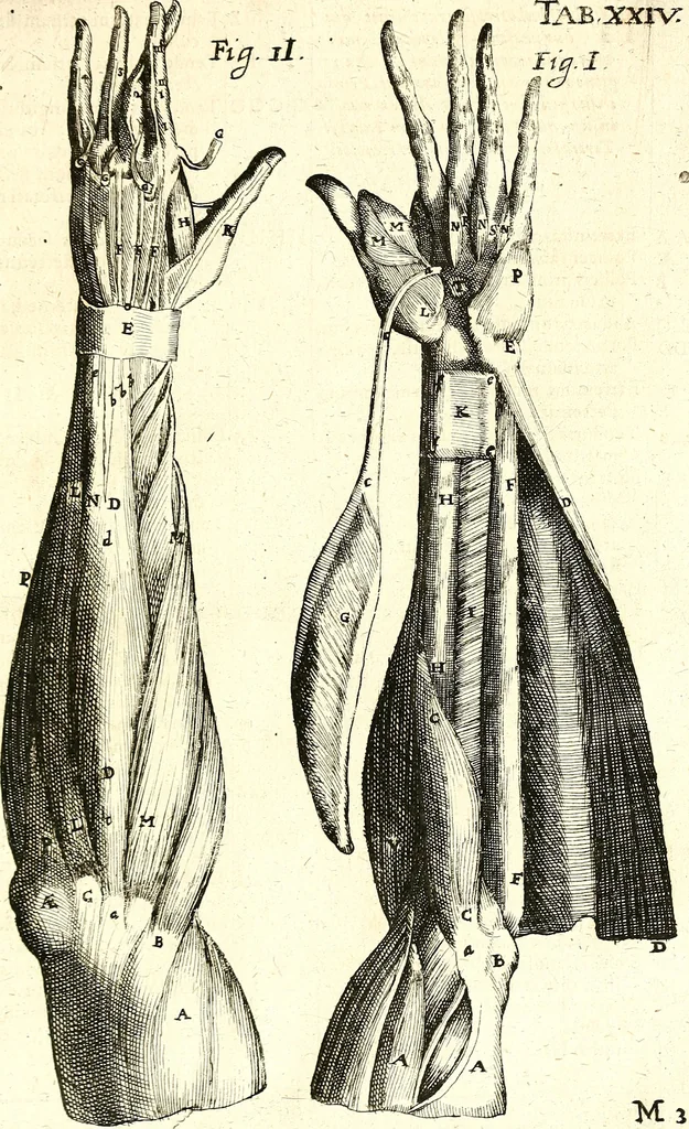 An illustration from Adriani Spigelii ... De humani corporis fabrica libri decem, tabulis XCIIX aeri incisis elegantissimis, nec antehac visis exornati. Serenissimo Ioanni Cornelio Venetiarum duci dicati : opus posthumum : Daniel Bucretius Vratislaviensis Philos. & Medic. D, 1632, leaf 522