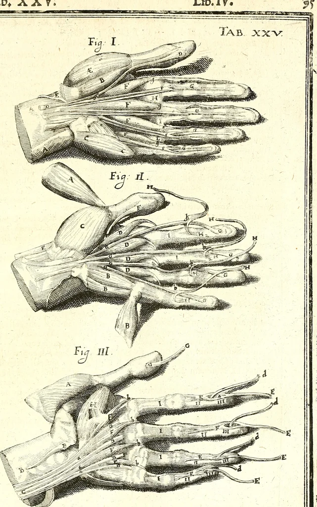 An illustration from Adriani Spigelii ... De humani corporis fabrica libri decem, tabulis XCIIX aeri incisis elegantissimis, nec antehac visis exornati. Serenissimo Ioanni Cornelio Venetiarum duci dicati : opus posthumum : Daniel Bucretius Vratislaviensis Philos. & Medic. D, 1632, leaf 524