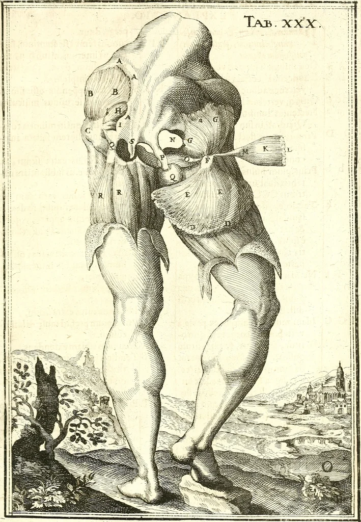 An illustration from Adriani Spigelii ... De humani corporis fabrica libri decem, tabulis XCIIX aeri incisis elegantissimis, nec antehac visis exornati. Serenissimo Ioanni Cornelio Venetiarum duci dicati : opus posthumum : Daniel Bucretius Vratislaviensis Philos. & Medic. D, 1632, leaf 534