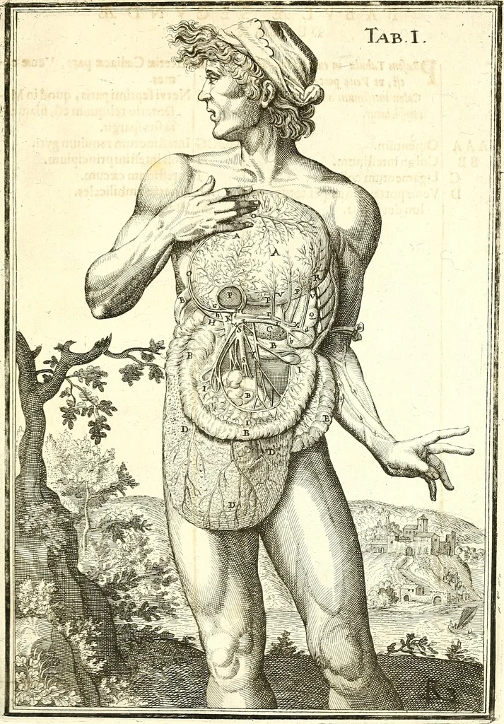 An illustration from Adriani Spigelii ... De humani corporis fabrica libri decem, tabulis XCIIX aeri incisis elegantissimis, nec antehac visis exornati. Serenissimo Ioanni Cornelio Venetiarum duci dicati : opus posthumum : Daniel Bucretius Vratislaviensis Philos. & Medic. D, 1632, leaf 562