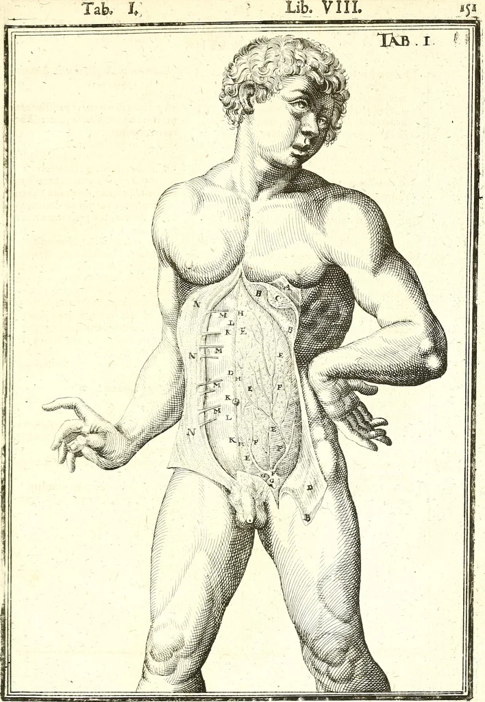 An illustration from Adriani Spigelii ... De humani corporis fabrica libri decem, tabulis XCIIX aeri incisis elegantissimis, nec antehac visis exornati. Serenissimo Ioanni Cornelio Venetiarum duci dicati : opus posthumum : Daniel Bucretius Vratislaviensis Philos. & Medic. D, 1632, leaf 580