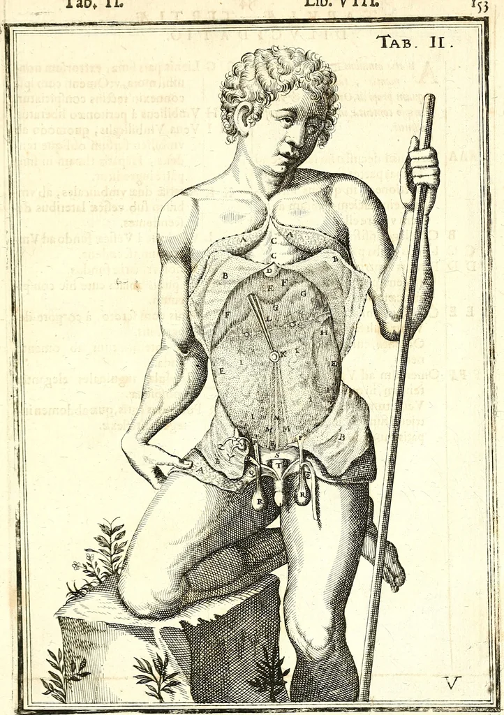 An illustration from Adriani Spigelii ... De humani corporis fabrica libri decem, tabulis XCIIX aeri incisis elegantissimis, nec antehac visis exornati. Serenissimo Ioanni Cornelio Venetiarum duci dicati : opus posthumum : Daniel Bucretius Vratislaviensis Philos. & Medic. D, 1632, leaf 582
