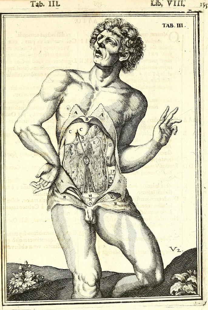An illustration from Adriani Spigelii ... De humani corporis fabrica libri decem, tabulis XCIIX aeri incisis elegantissimis, nec antehac visis exornati. Serenissimo Ioanni Cornelio Venetiarum duci dicati : opus posthumum : Daniel Bucretius Vratislaviensis Philos. & Medic. D, 1632, leaf 584