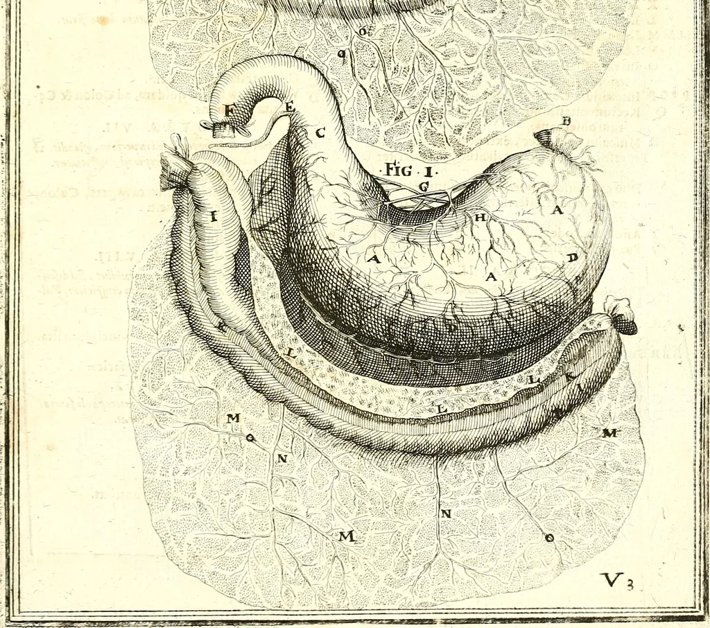 An illustration from Adriani Spigelii ... De humani corporis fabrica libri decem, tabulis XCIIX aeri incisis elegantissimis, nec antehac visis exornati. Serenissimo Ioanni Cornelio Venetiarum duci dicati : opus posthumum : Daniel Bucretius Vratislaviensis Philos. & Medic. D, 1632, leaf 586