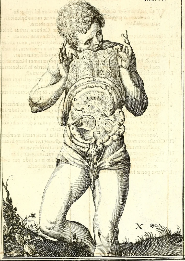 An illustration from Adriani Spigelii ... De humani corporis fabrica libri decem, tabulis XCIIX aeri incisis elegantissimis, nec antehac visis exornati. Serenissimo Ioanni Cornelio Venetiarum duci dicati : opus posthumum : Daniel Bucretius Vratislaviensis Philos. & Medic. D, 1632, leaf 590