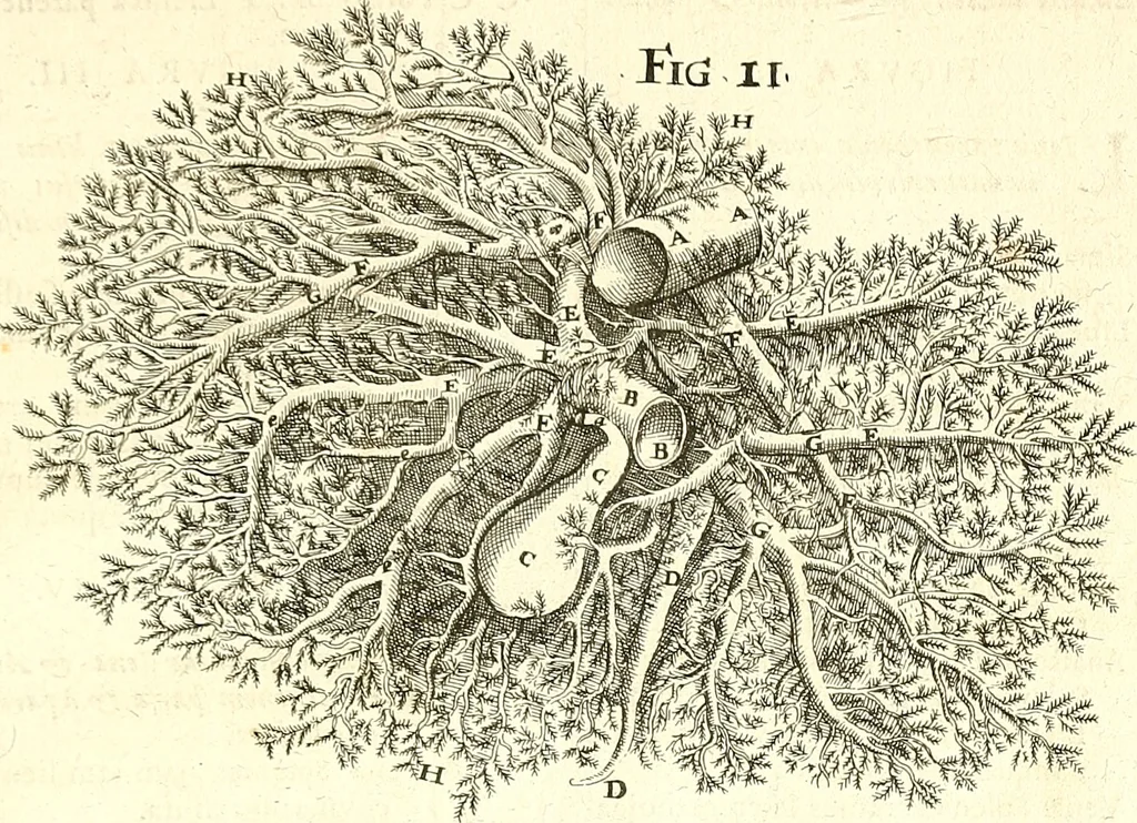 An illustration from Adriani Spigelii ... De humani corporis fabrica libri decem, tabulis XCIIX aeri incisis elegantissimis, nec antehac visis exornati. Serenissimo Ioanni Cornelio Venetiarum duci dicati : opus posthumum : Daniel Bucretius Vratislaviensis Philos. & Medic. D, 1632, leaf 594