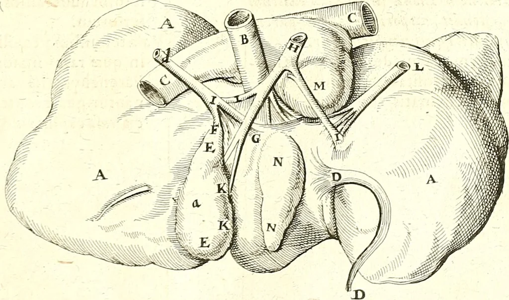 An illustration from Adriani Spigelii ... De humani corporis fabrica libri decem, tabulis XCIIX aeri incisis elegantissimis, nec antehac visis exornati. Serenissimo Ioanni Cornelio Venetiarum duci dicati : opus posthumum : Daniel Bucretius Vratislaviensis Philos. & Medic. D, 1632, leaf 594