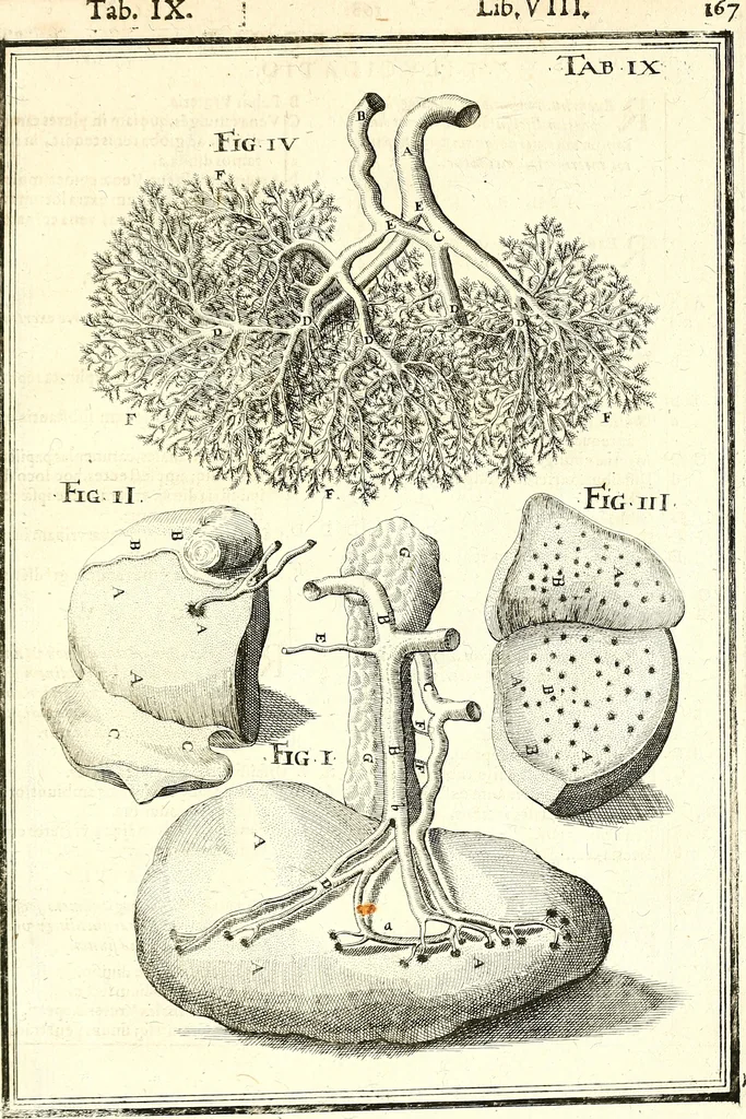 An illustration from Adriani Spigelii ... De humani corporis fabrica libri decem, tabulis XCIIX aeri incisis elegantissimis, nec antehac visis exornati. Serenissimo Ioanni Cornelio Venetiarum duci dicati : opus posthumum : Daniel Bucretius Vratislaviensis Philos. & Medic. D, 1632, leaf 596