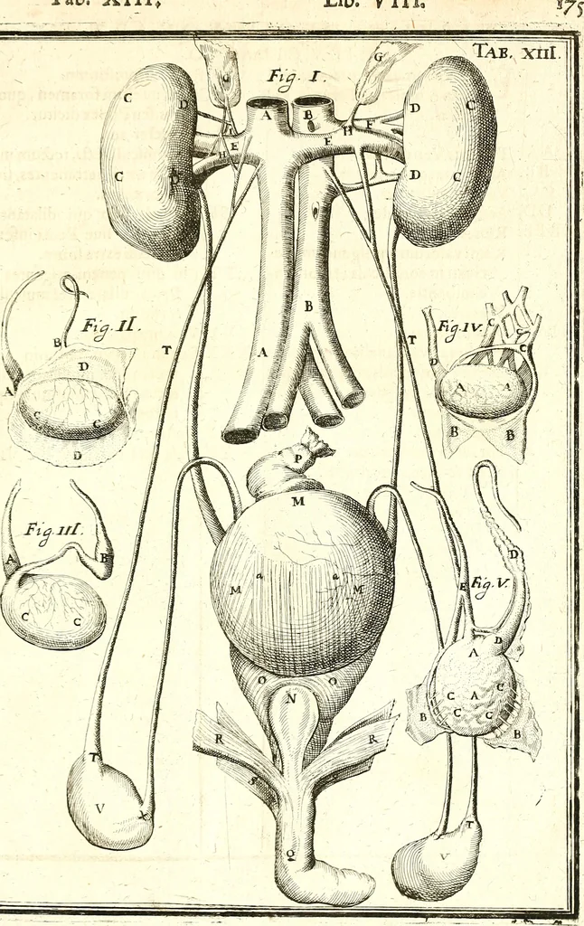 An illustration from Adriani Spigelii ... De humani corporis fabrica libri decem, tabulis XCIIX aeri incisis elegantissimis, nec antehac visis exornati. Serenissimo Ioanni Cornelio Venetiarum duci dicati : opus posthumum : Daniel Bucretius Vratislaviensis Philos. & Medic. D, 1632, leaf 604