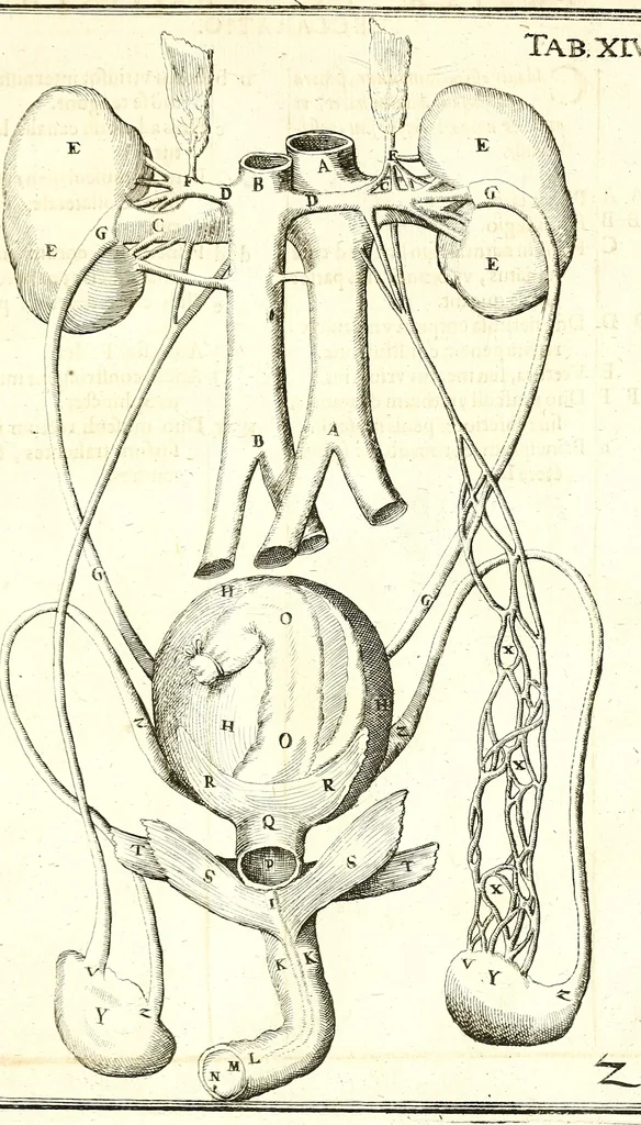 An illustration from Adriani Spigelii ... De humani corporis fabrica libri decem, tabulis XCIIX aeri incisis elegantissimis, nec antehac visis exornati. Serenissimo Ioanni Cornelio Venetiarum duci dicati : opus posthumum : Daniel Bucretius Vratislaviensis Philos. & Medic. D, 1632, leaf 606