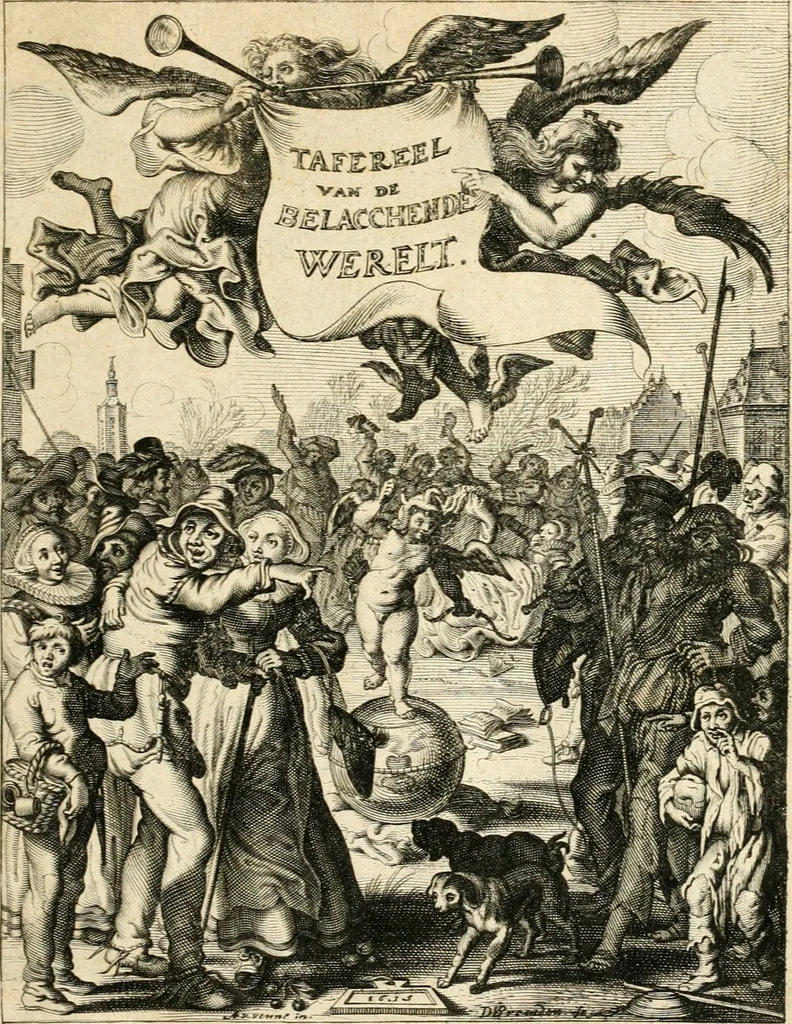 An illustration from Adr. vande Vennes Tafereel van de belacchende werelt : en des selfs geluckige eeuwe, goet rondt, met by-gevoegde raedsel-spreucken, aengevvesen in de boer-achtige eenvoudigheyt, op de haegsche kermis : verciert met konst-rijcke af-beeldingen, 1635, leaf 10
