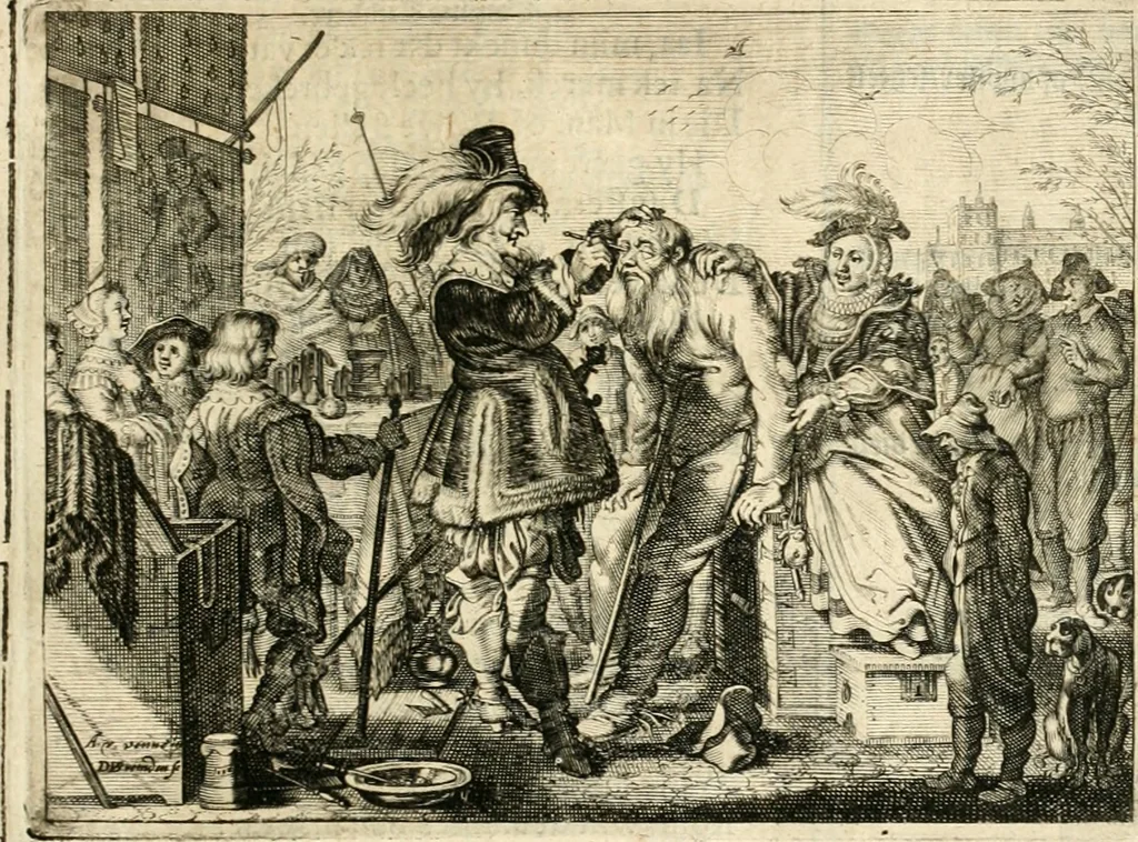 An illustration from Adr. vande Vennes Tafereel van de belacchende werelt : en des selfs geluckige eeuwe, goet rondt, met by-gevoegde raedsel-spreucken, aengevvesen in de boer-achtige eenvoudigheyt, op de haegsche kermis : verciert met konst-rijcke af-beeldingen, 1635, leaf 122