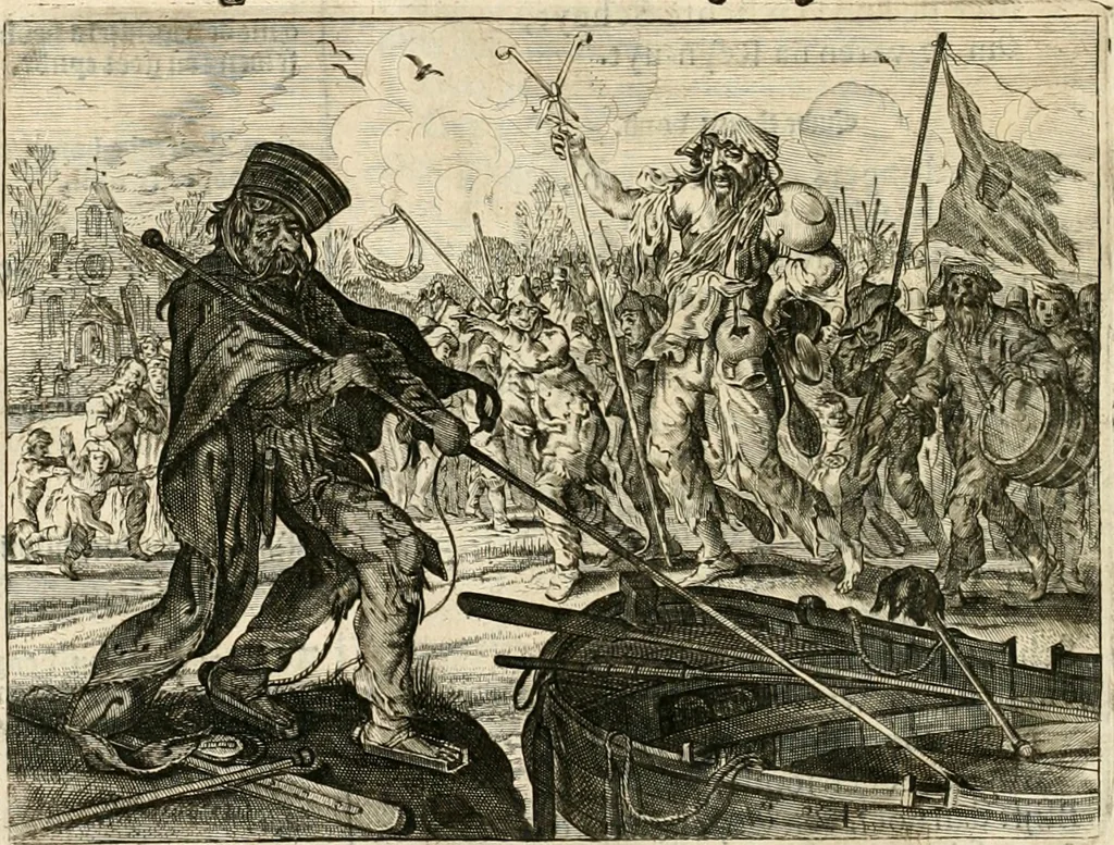 An illustration from Adr. vande Vennes Tafereel van de belacchende werelt : en des selfs geluckige eeuwe, goet rondt, met by-gevoegde raedsel-spreucken, aengevvesen in de boer-achtige eenvoudigheyt, op de haegsche kermis : verciert met konst-rijcke af-beeldingen, 1635, leaf 181