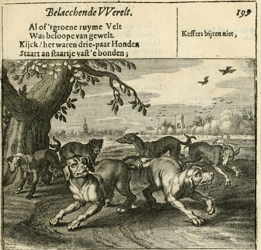 An illustration from Adr. vande Vennes Tafereel van de belacchende werelt : en des selfs geluckige eeuwe, goet rondt, met by-gevoegde raedsel-spreucken, aengevvesen in de boer-achtige eenvoudigheyt, op de haegsche kermis : verciert met konst-rijcke af-beeldingen, 1635, leaf 222