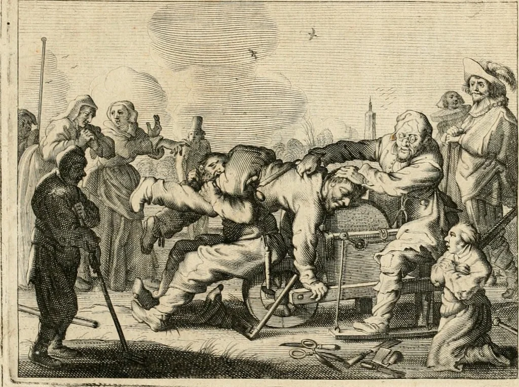 An illustration from Adr. vande Vennes Tafereel van de belacchende werelt : en des selfs geluckige eeuwe, goet rondt, met by-gevoegde raedsel-spreucken, aengevvesen in de boer-achtige eenvoudigheyt, op de haegsche kermis : verciert met konst-rijcke af-beeldingen, 1635, leaf 238