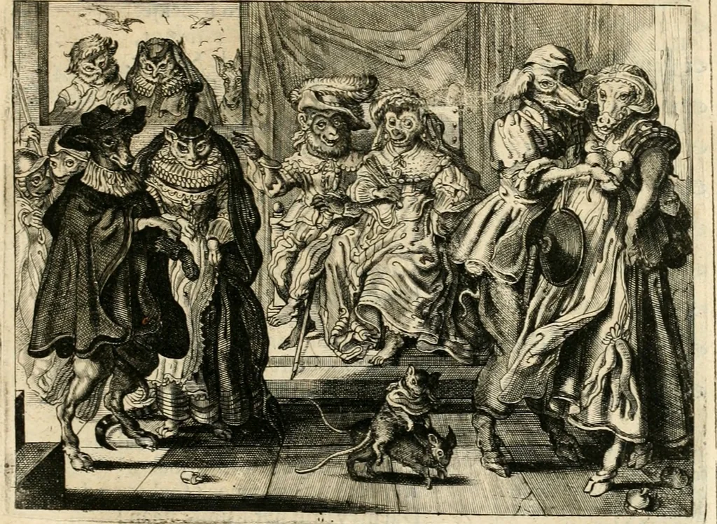 An illustration from Adr. vande Vennes Tafereel van de belacchende werelt : en des selfs geluckige eeuwe, goet rondt, met by-gevoegde raedsel-spreucken, aengevvesen in de boer-achtige eenvoudigheyt, op de haegsche kermis : verciert met konst-rijcke af-beeldingen, 1635, leaf 256