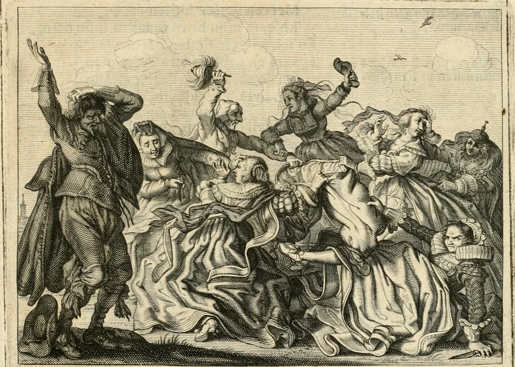 An illustration from Adr. vande Vennes Tafereel van de belacchende werelt : en des selfs geluckige eeuwe, goet rondt, met by-gevoegde raedsel-spreucken, aengevvesen in de boer-achtige eenvoudigheyt, op de haegsche kermis : verciert met konst-rijcke af-beeldingen, 1635, leaf 264