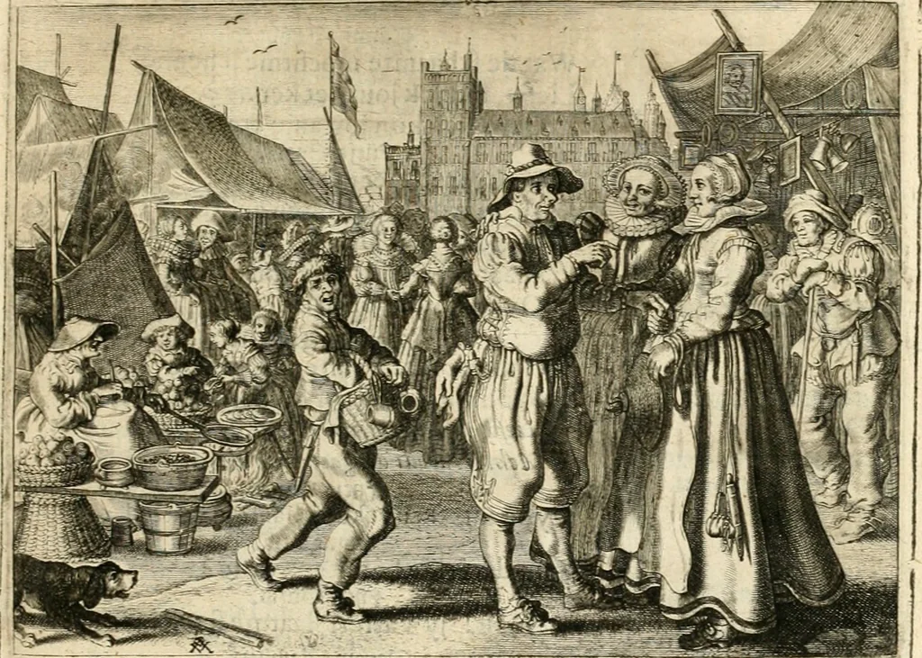 An illustration from Adr. vande Vennes Tafereel van de belacchende werelt : en des selfs geluckige eeuwe, goet rondt, met by-gevoegde raedsel-spreucken, aengevvesen in de boer-achtige eenvoudigheyt, op de haegsche kermis : verciert met konst-rijcke af-beeldingen, 1635, leaf 28