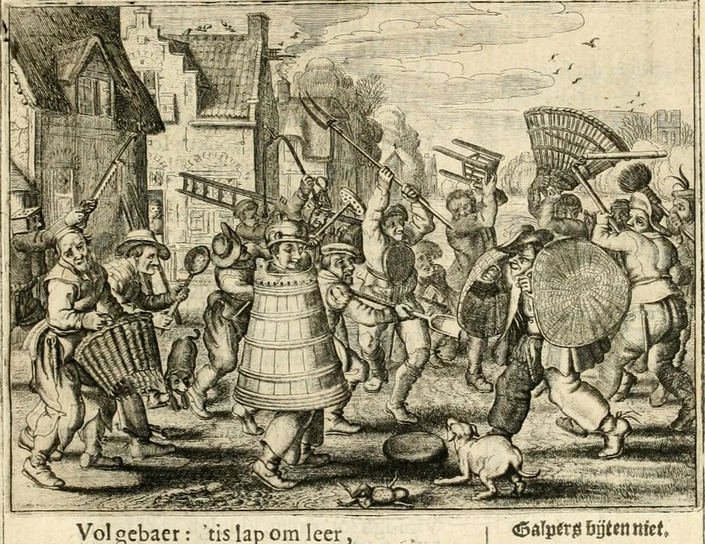 An illustration from Adr. vande Vennes Tafereel van de belacchende werelt : en des selfs geluckige eeuwe, goet rondt, met by-gevoegde raedsel-spreucken, aengevvesen in de boer-achtige eenvoudigheyt, op de haegsche kermis : verciert met konst-rijcke af-beeldingen, 1635, leaf 280