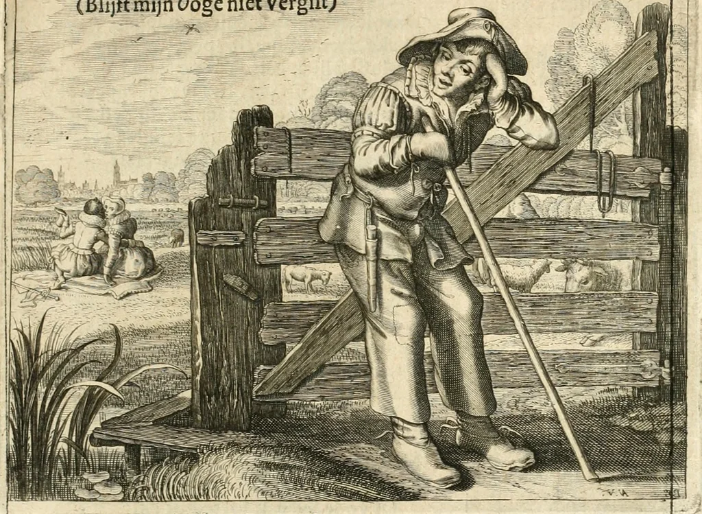 An illustration from Adr. vande Vennes Tafereel van de belacchende werelt : en des selfs geluckige eeuwe, goet rondt, met by-gevoegde raedsel-spreucken, aengevvesen in de boer-achtige eenvoudigheyt, op de haegsche kermis : verciert met konst-rijcke af-beeldingen, 1635, leaf 294