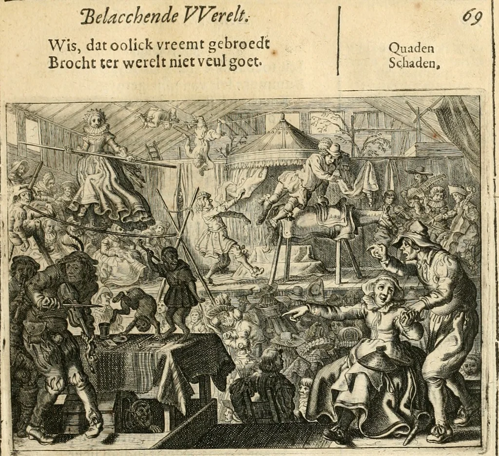 An illustration from Adr. vande Vennes Tafereel van de belacchende werelt : en des selfs geluckige eeuwe, goet rondt, met by-gevoegde raedsel-spreucken, aengevvesen in de boer-achtige eenvoudigheyt, op de haegsche kermis : verciert met konst-rijcke af-beeldingen, 1635, leaf 92