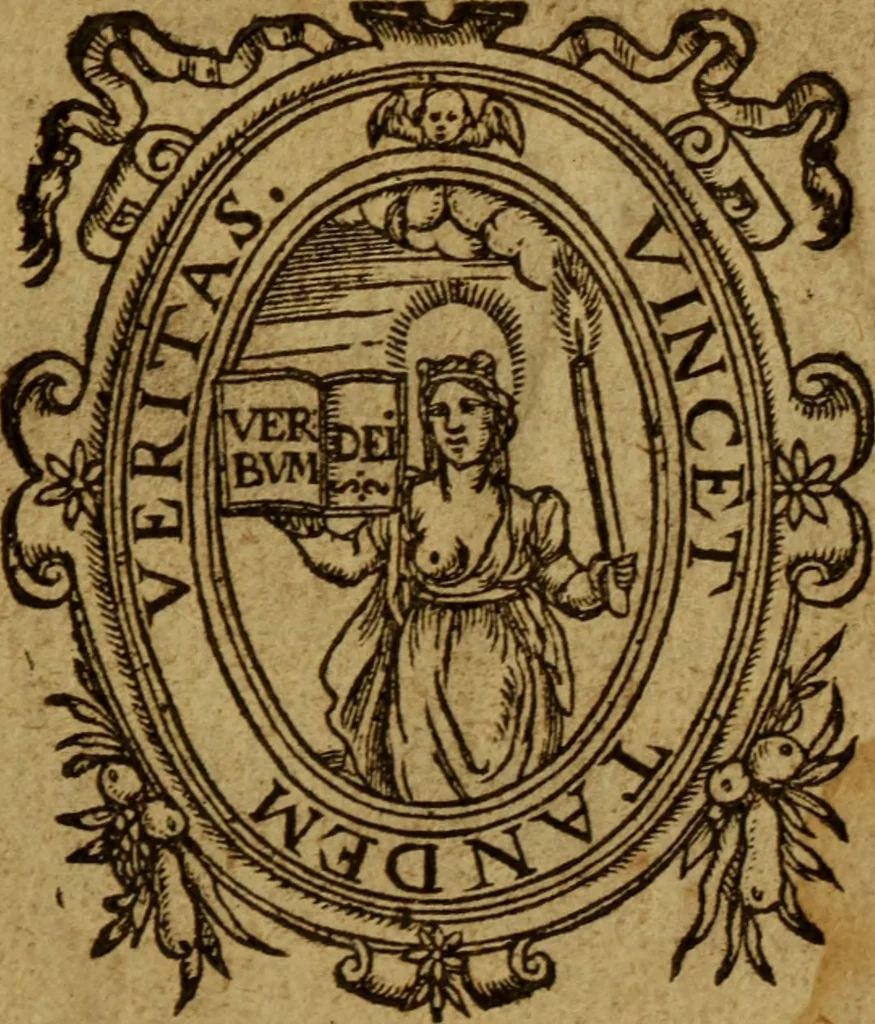 An illustration from Ad virulentum Archibaldi Hamiltonii apostatae dialogum, de confusione Caluinianae sectae apud Scotos, impiè conscriptum orthodoxa responsio. Thoma Smetonio Scoto auctore. In qua celebris illa quaestio de ecclesia, de vniuersalitate, successione, & Romani Episcopi primatu breuiter, dilucidè, & accuratè tractatur. Adiecta est vera historia extremae vitae & obitus eximij viri Ioan. Knoxij Ecclesiae Scoticanae instauratoris fidelissimi, 1579, leaf 4