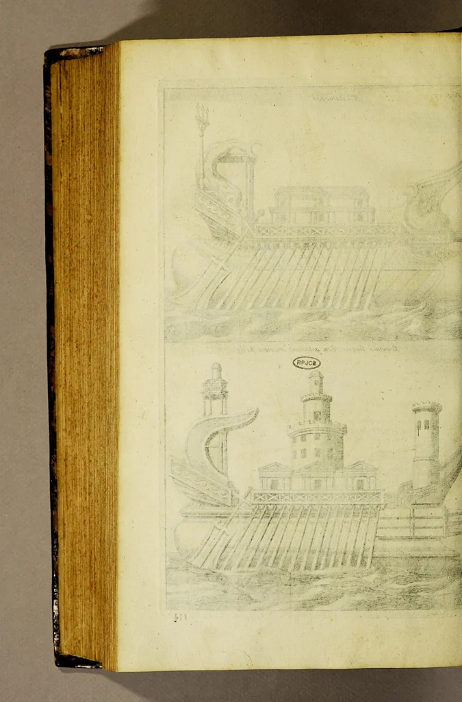 An illustration from Aeloude en hedendaegsche scheeps-bouw en bestier: : waer in wijtloopigh wert verhandelt de wijze van scheeps-timmeren, by Grieken en Romeynen: scheeps-oeffeningen, strijden, tucht, straffe, wetten, en gewoonten. Beneffens evenmatige grootheden van schepen onses tijts, ontleet in alle hare deelen: verschil van bouwen tusschen uitheemschen en onzen landaert, Indisch vaertuygh: galey-bouw: hedendaegsche scheeps-plichten: verrijckt met een reex verklaerde zee-mans spreeck-woorden en benamingen. Doorgaens mit vele kopere platen., 1671, leaf 588