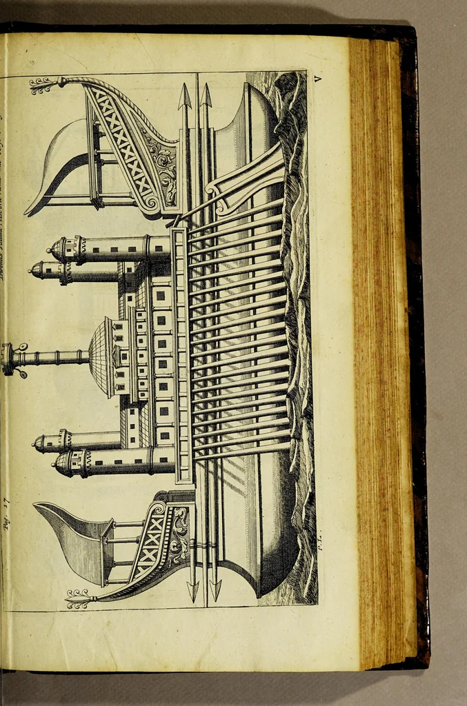An illustration from Aeloude en hedendaegsche scheeps-bouw en bestier: : waer in wijtloopigh wert verhandelt de wijze van scheeps-timmeren, by Grieken en Romeynen: scheeps-oeffeningen, strijden, tucht, straffe, wetten, en gewoonten. Beneffens evenmatige grootheden van schepen onses tijts, ontleet in alle hare deelen: verschil van bouwen tusschen uitheemschen en onzen landaert, Indisch vaertuygh: galey-bouw: hedendaegsche scheeps-plichten: verrijckt met een reex verklaerde zee-mans spreeck-woorden en benamingen. Doorgaens mit vele kopere platen., 1671, leaf 591