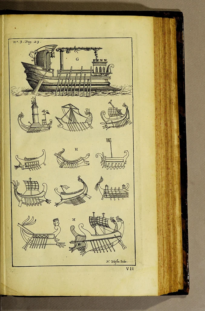 An illustration from Aeloude en hedendaegsche scheeps-bouw en bestier: : waer in wijtloopigh wert verhandelt de wijze van scheeps-timmeren, by Grieken en Romeynen: scheeps-oeffeningen, strijden, tucht, straffe, wetten, en gewoonten. Beneffens evenmatige grootheden van schepen onses tijts, ontleet in alle hare deelen: verschil van bouwen tusschen uitheemschen en onzen landaert, Indisch vaertuygh: galey-bouw: hedendaegsche scheeps-plichten: verrijckt met een reex verklaerde zee-mans spreeck-woorden en benamingen. Doorgaens mit vele kopere platen., 1671, leaf 595