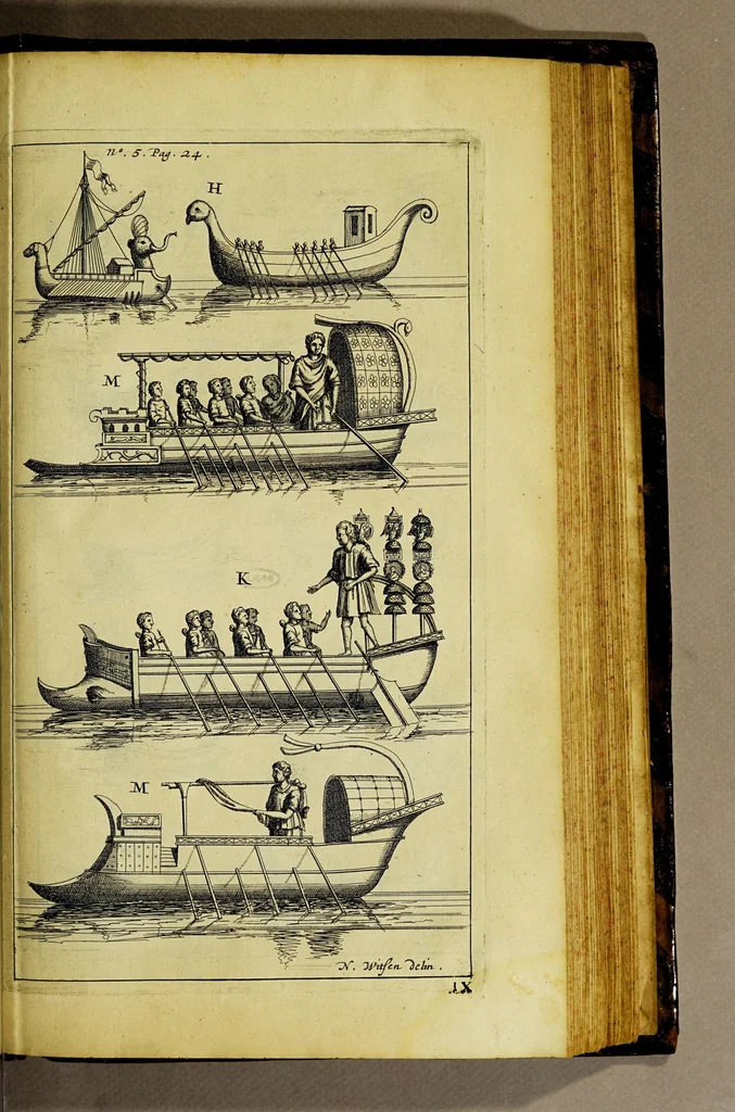 An illustration from Aeloude en hedendaegsche scheeps-bouw en bestier: : waer in wijtloopigh wert verhandelt de wijze van scheeps-timmeren, by Grieken en Romeynen: scheeps-oeffeningen, strijden, tucht, straffe, wetten, en gewoonten. Beneffens evenmatige grootheden van schepen onses tijts, ontleet in alle hare deelen: verschil van bouwen tusschen uitheemschen en onzen landaert, Indisch vaertuygh: galey-bouw: hedendaegsche scheeps-plichten: verrijckt met een reex verklaerde zee-mans spreeck-woorden en benamingen. Doorgaens mit vele kopere platen., 1671, leaf 599