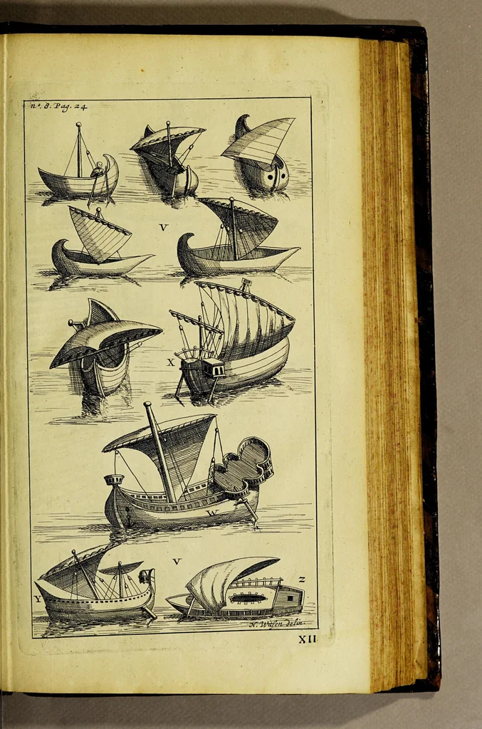 An illustration from Aeloude en hedendaegsche scheeps-bouw en bestier: : waer in wijtloopigh wert verhandelt de wijze van scheeps-timmeren, by Grieken en Romeynen: scheeps-oeffeningen, strijden, tucht, straffe, wetten, en gewoonten. Beneffens evenmatige grootheden van schepen onses tijts, ontleet in alle hare deelen: verschil van bouwen tusschen uitheemschen en onzen landaert, Indisch vaertuygh: galey-bouw: hedendaegsche scheeps-plichten: verrijckt met een reex verklaerde zee-mans spreeck-woorden en benamingen. Doorgaens mit vele kopere platen., 1671, leaf 605