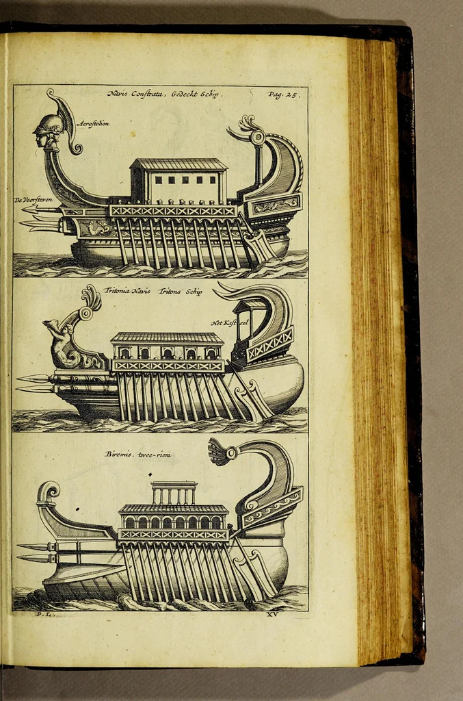 An illustration from Aeloude en hedendaegsche scheeps-bouw en bestier: : waer in wijtloopigh wert verhandelt de wijze van scheeps-timmeren, by Grieken en Romeynen: scheeps-oeffeningen, strijden, tucht, straffe, wetten, en gewoonten. Beneffens evenmatige grootheden van schepen onses tijts, ontleet in alle hare deelen: verschil van bouwen tusschen uitheemschen en onzen landaert, Indisch vaertuygh: galey-bouw: hedendaegsche scheeps-plichten: verrijckt met een reex verklaerde zee-mans spreeck-woorden en benamingen. Doorgaens mit vele kopere platen., 1671, leaf 611