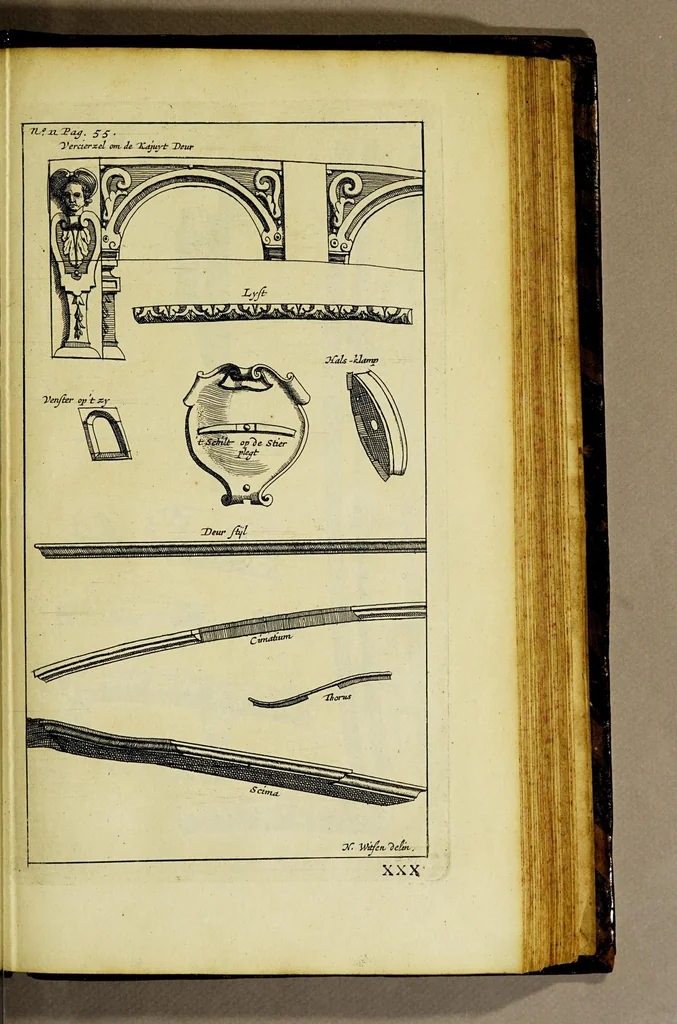 An illustration from Aeloude en hedendaegsche scheeps-bouw en bestier: : waer in wijtloopigh wert verhandelt de wijze van scheeps-timmeren, by Grieken en Romeynen: scheeps-oeffeningen, strijden, tucht, straffe, wetten, en gewoonten. Beneffens evenmatige grootheden van schepen onses tijts, ontleet in alle hare deelen: verschil van bouwen tusschen uitheemschen en onzen landaert, Indisch vaertuygh: galey-bouw: hedendaegsche scheeps-plichten: verrijckt met een reex verklaerde zee-mans spreeck-woorden en benamingen. Doorgaens mit vele kopere platen., 1671, leaf 641