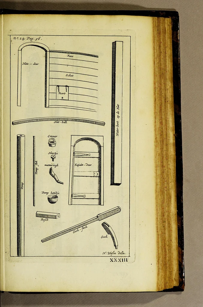 An illustration from Aeloude en hedendaegsche scheeps-bouw en bestier: : waer in wijtloopigh wert verhandelt de wijze van scheeps-timmeren, by Grieken en Romeynen: scheeps-oeffeningen, strijden, tucht, straffe, wetten, en gewoonten. Beneffens evenmatige grootheden van schepen onses tijts, ontleet in alle hare deelen: verschil van bouwen tusschen uitheemschen en onzen landaert, Indisch vaertuygh: galey-bouw: hedendaegsche scheeps-plichten: verrijckt met een reex verklaerde zee-mans spreeck-woorden en benamingen. Doorgaens mit vele kopere platen., 1671, leaf 647