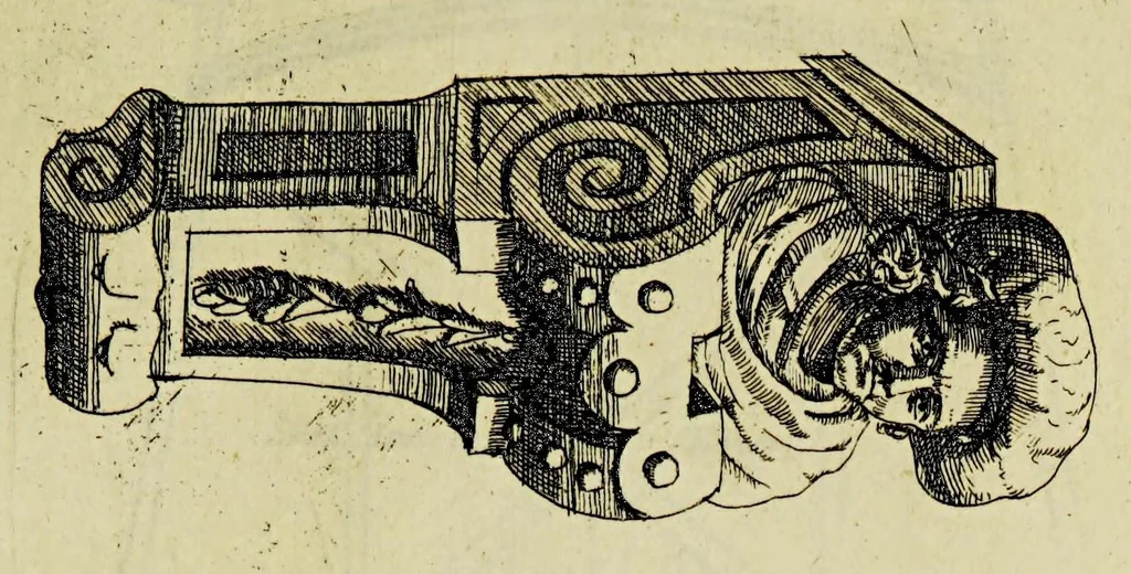 An illustration from Aeloude en hedendaegsche scheeps-bouw en bestier: : waer in wijtloopigh wert verhandelt de wijze van scheeps-timmeren, by Grieken en Romeynen: scheeps-oeffeningen, strijden, tucht, straffe, wetten, en gewoonten. Beneffens evenmatige grootheden van schepen onses tijts, ontleet in alle hare deelen: verschil van bouwen tusschen uitheemschen en onzen landaert, Indisch vaertuygh: galey-bouw: hedendaegsche scheeps-plichten: verrijckt met een reex verklaerde zee-mans spreeck-woorden en benamingen. Doorgaens mit vele kopere platen., 1671, leaf 659