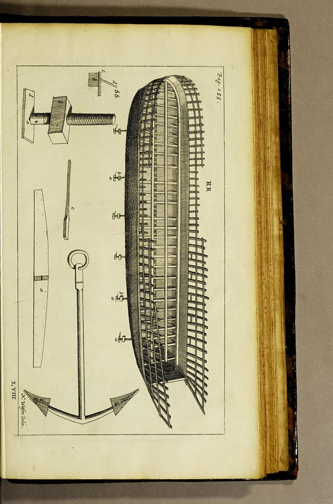 An illustration from Aeloude en hedendaegsche scheeps-bouw en bestier: : waer in wijtloopigh wert verhandelt de wijze van scheeps-timmeren, by Grieken en Romeynen: scheeps-oeffeningen, strijden, tucht, straffe, wetten, en gewoonten. Beneffens evenmatige grootheden van schepen onses tijts, ontleet in alle hare deelen: verschil van bouwen tusschen uitheemschen en onzen landaert, Indisch vaertuygh: galey-bouw: hedendaegsche scheeps-plichten: verrijckt met een reex verklaerde zee-mans spreeck-woorden en benamingen. Doorgaens mit vele kopere platen., 1671, leaf 697