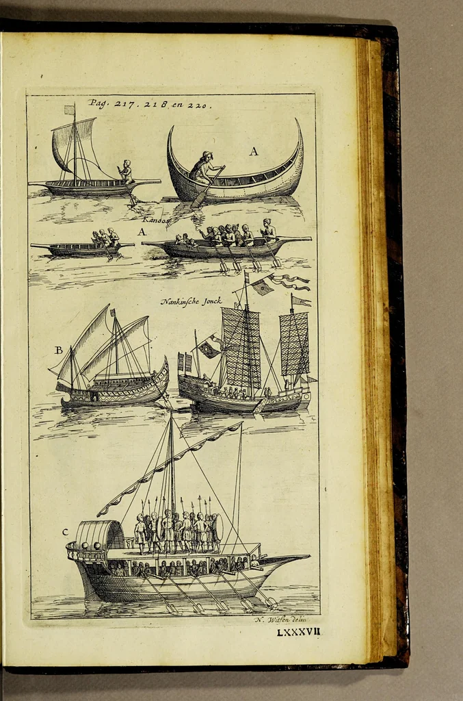 An illustration from Aeloude en hedendaegsche scheeps-bouw en bestier: : waer in wijtloopigh wert verhandelt de wijze van scheeps-timmeren, by Grieken en Romeynen: scheeps-oeffeningen, strijden, tucht, straffe, wetten, en gewoonten. Beneffens evenmatige grootheden van schepen onses tijts, ontleet in alle hare deelen: verschil van bouwen tusschen uitheemschen en onzen landaert, Indisch vaertuygh: galey-bouw: hedendaegsche scheeps-plichten: verrijckt met een reex verklaerde zee-mans spreeck-woorden en benamingen. Doorgaens mit vele kopere platen., 1671, leaf 755