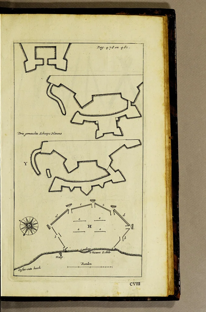 An illustration from Aeloude en hedendaegsche scheeps-bouw en bestier: : waer in wijtloopigh wert verhandelt de wijze van scheeps-timmeren, by Grieken en Romeynen: scheeps-oeffeningen, strijden, tucht, straffe, wetten, en gewoonten. Beneffens evenmatige grootheden van schepen onses tijts, ontleet in alle hare deelen: verschil van bouwen tusschen uitheemschen en onzen landaert, Indisch vaertuygh: galey-bouw: hedendaegsche scheeps-plichten: verrijckt met een reex verklaerde zee-mans spreeck-woorden en benamingen. Doorgaens mit vele kopere platen., 1671, leaf 797
