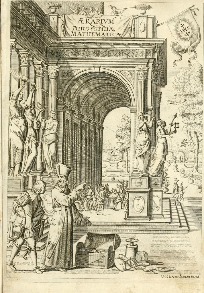An illustration from Aerarium philosophiae mathematicae : in quo elementa philosophiae geometricae de planis, curuis, & solidis figuris applicata et ornata ... in tres tomos distributa sunt : intercessere ingeniosae inuentionis exodia horaria ..., 1648, leaf 2